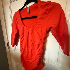 Last Tango - Orange V Neck 3/4 Rouche Shirt - Size S/M